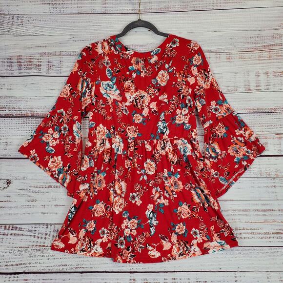Red Floral Y2K Babydoll Ruffle Tunic Top M Flare Sleeves Boho Hippie Asymmetric - Picture 2 of 12